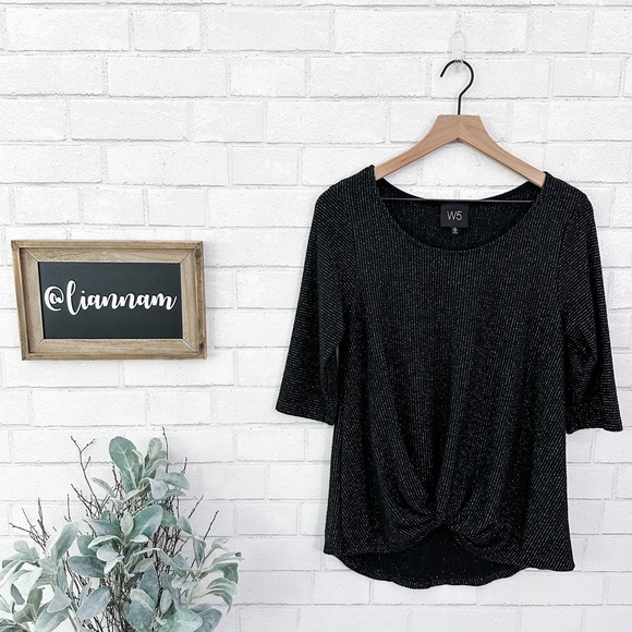 W5 Tops - W5 Black Metallic 3/4 Sleeve Tie Front Top
